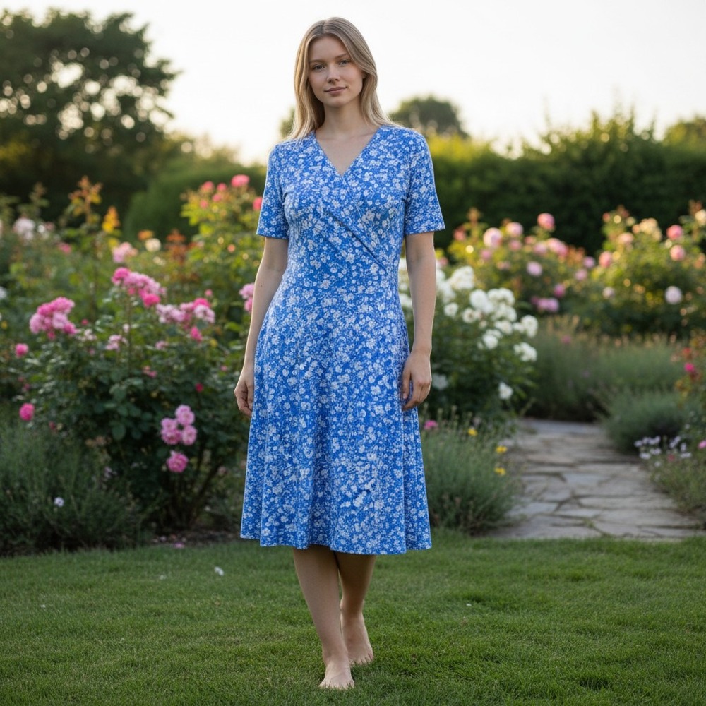 345. Womens Blue White Floral Faux‎ Wrap Midi Dress XL Short Sleeve V-Neck